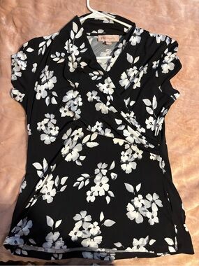 Philosophy Black and White Floral Wrap Blouse
